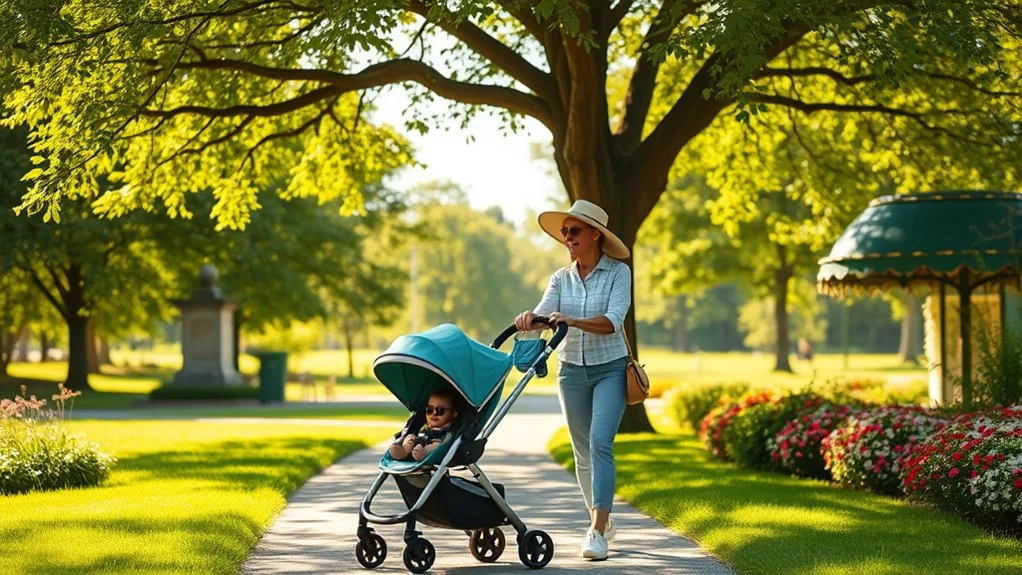 A parent pushing a baby stroller down a sunlit park path in the morning
