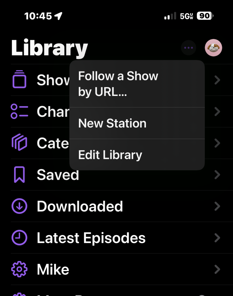 iPhone screenshot of the Apple Podcasts Library menu showing the Follow a Show by URL option