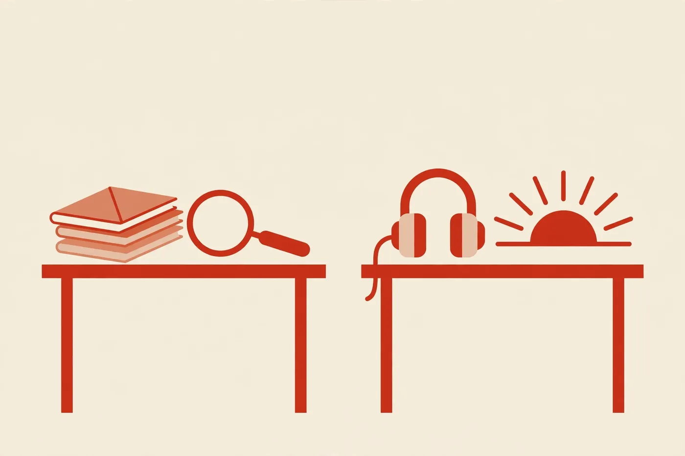 Illustration contrasting a study desk with a listening habit