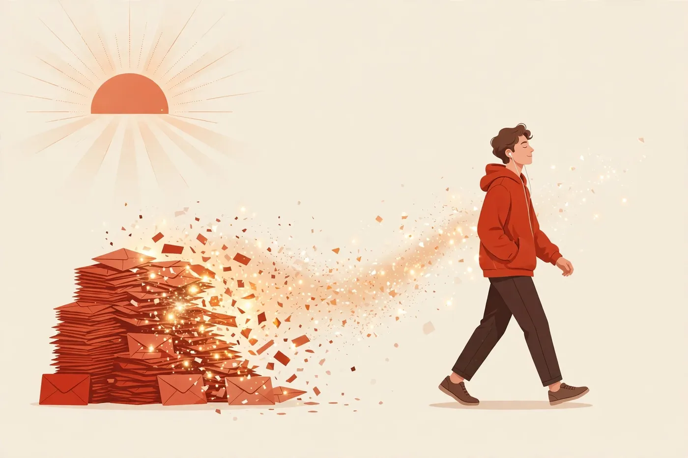 Illustration of a person walking at sunrise as a pile of envelopes dissolves